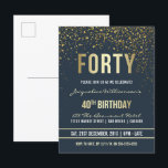 Midnight | Gold Confetti 40th Birthday Party Invitation Postcard<br><div class="desc">Midnight | Gold Confetti 40th Birthday Party Postcard Invitations. This formal, elegant, trendy, modern fortieth birthday party invitation is suitable for men or women. It comprises golden clean lines, stylish upper case gothic script, and sophisticated faux gold foil text on a midnight blue background with showers of sparkling, shimmering gold...</div>