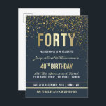 Midnight | Gold Confetti 40th Birthday Party Invitation Postcard<br><div class="desc">Midnight | Gold Confetti 40th Birthday Party Postcard Invitations. This formal, elegant, trendy, modern fortieth birthday party invitation is suitable for men or women. It comprises golden clean lines, stylish upper case gothic script, and sophisticated faux gold foil text on a midnight blue background with showers of sparkling, shimmering gold...</div>