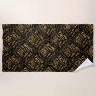 Midnight Gold Damask Elegance Beach Towel