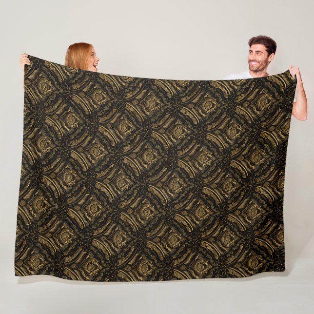 Midnight Gold Damask Elegance Fleece Blanket (In Situ)