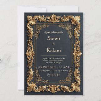 Midnight Gold Filigree Border Wedding Invitation