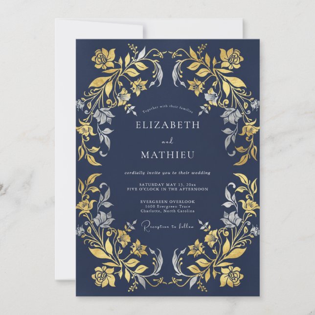 Midnight Gold Filigree Eucalyptus Wedding Invitation (Front)