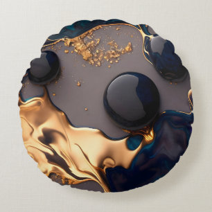 Midnight Gold Liquid Marble Round Cushion