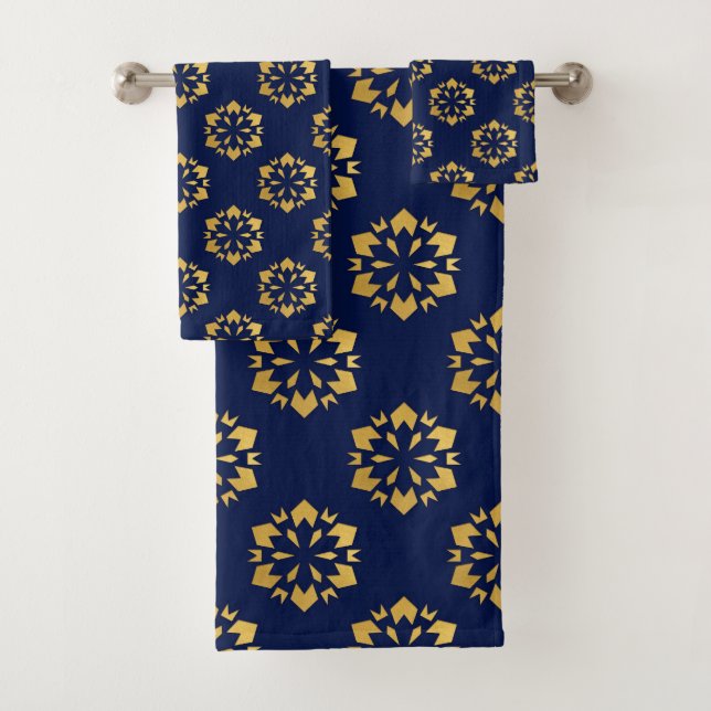 Midnight Gold: Luxe Geometric Pattern on Deep Blue Bath Towel Set (Insitu)