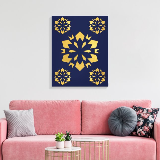 Midnight Gold: Luxe Geometric Pattern on Deep Blue Canvas Print (Insitu(LivingRoom))