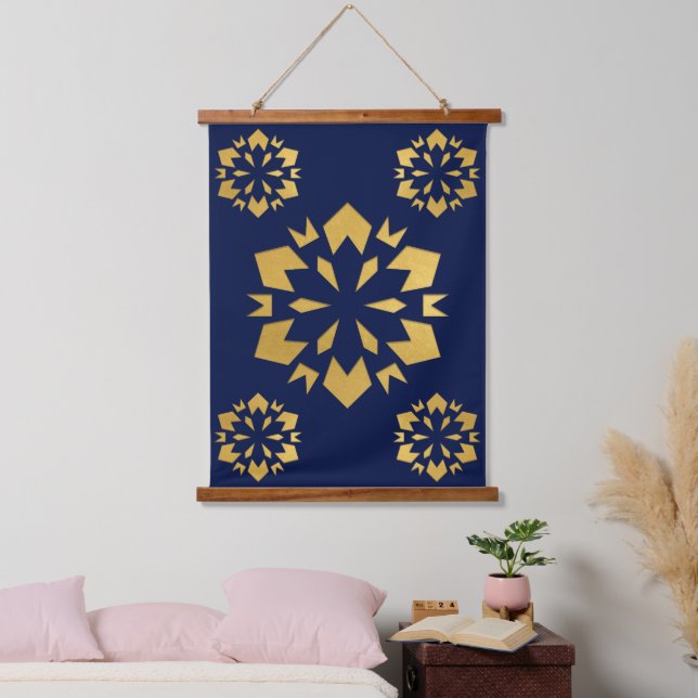 Midnight Gold: Luxe Geometric Pattern on Deep Blue Hanging Tapestry (Bedroom)
