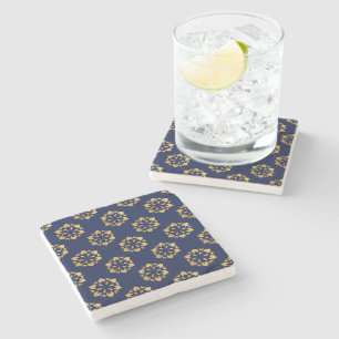 Midnight Gold: Luxe Geometric Pattern on Deep Blue Stone Coaster