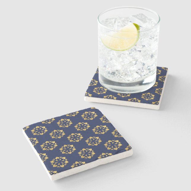 Midnight Gold: Luxe Geometric Pattern on Deep Blue Stone Coaster (Side)