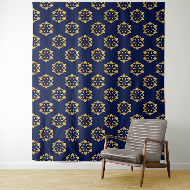 Midnight Gold: Luxe Geometric Pattern on Deep Blue Tapestry (In Situ)