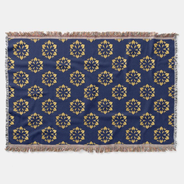 Midnight Gold: Luxe Geometric Pattern on Deep Blue Throw Blanket (Front)