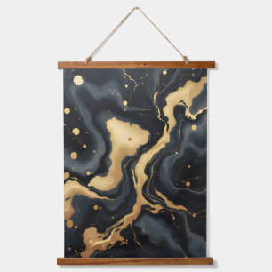 Midnight Gold Marble Art.Abstract Black And White Hanging Tapestry