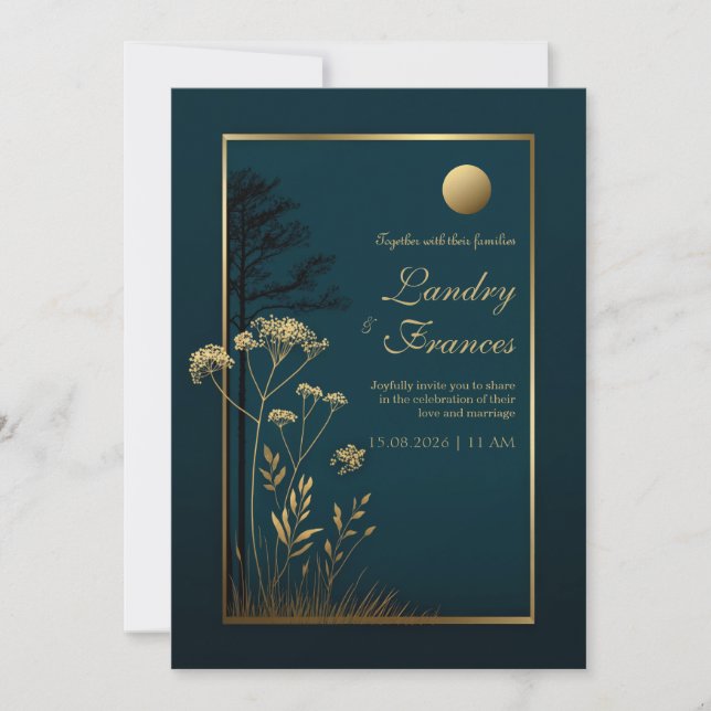 Midnight Gold Moon Botanical Wedding Invitation (Front)