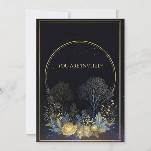 Midnight Gold Peony Celestial Botanical Halo Invitation (Front)