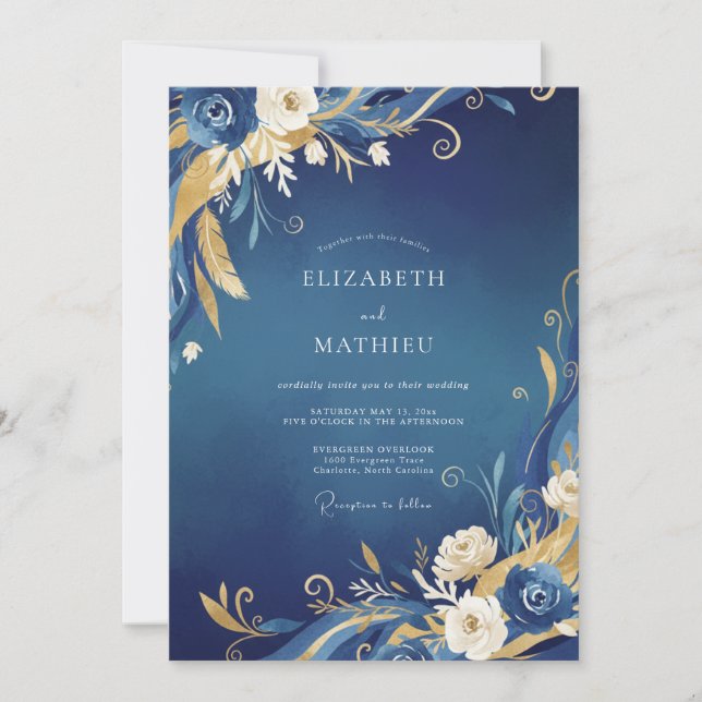 Midnight Golden Leafy Wedding Invitation (Front)