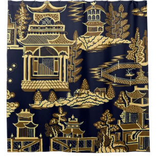 Midnight Golden Pagoda Teahouse Shower Curtain