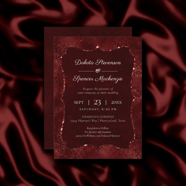 Midnight Henna Romance | Red Satiny Grunge Damask Invitation (Creator Uploaded)