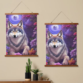 Midnight Howl Floral Wolf Hanging Tapestry