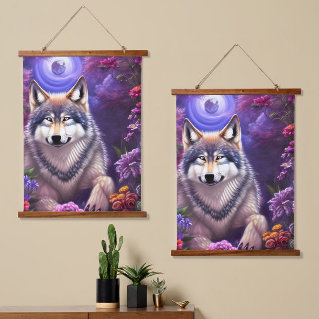 Midnight Howl Floral Wolf  Hanging Tapestry (Asymmetrical)