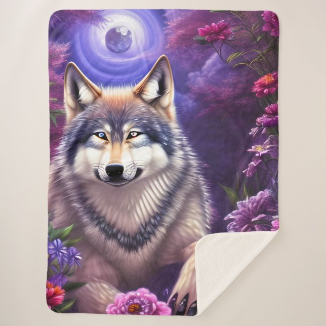 Midnight Howl Floral Wolf Sherpa Blanket (Front)