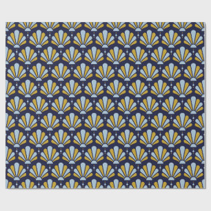Midnight, Ice Blue and Gold Art Deco Teardrop Fan Wrapping Paper