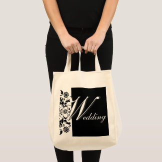 Midnight in Paris Black Ornate Lace Wedding Script Tote Bag