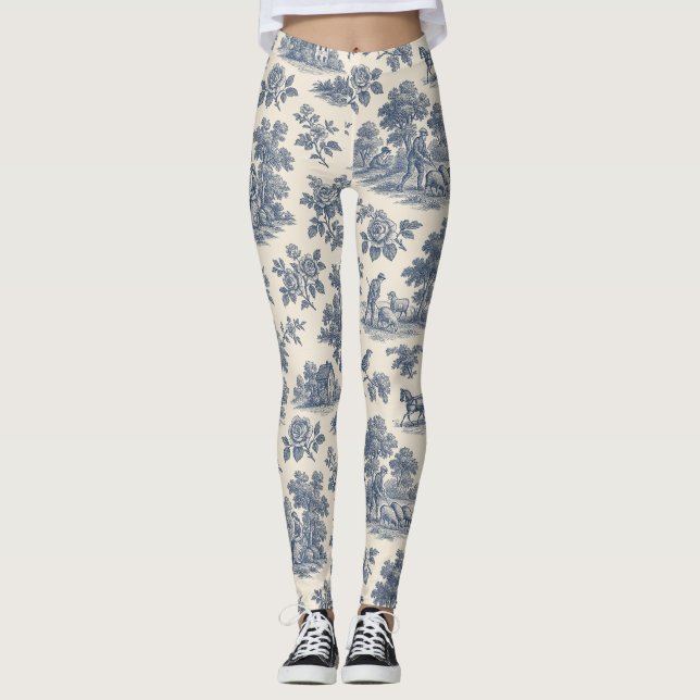 Midnight in the Meadow – Blue Toile Pattern Leggin Leggings (Front)