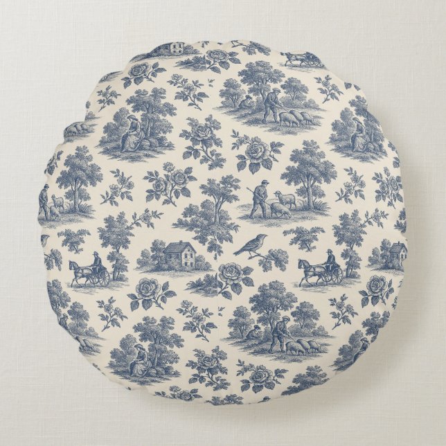 Midnight in the Meadow – Blue Toile Round Throw Pi Cushion (Front)