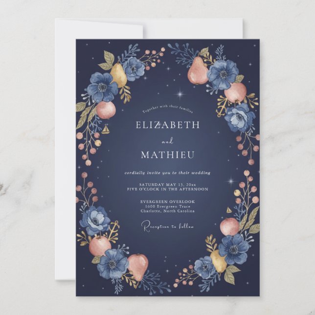 Midnight Indigo Fruit Eucalyptus Wedding Invitation (Front)
