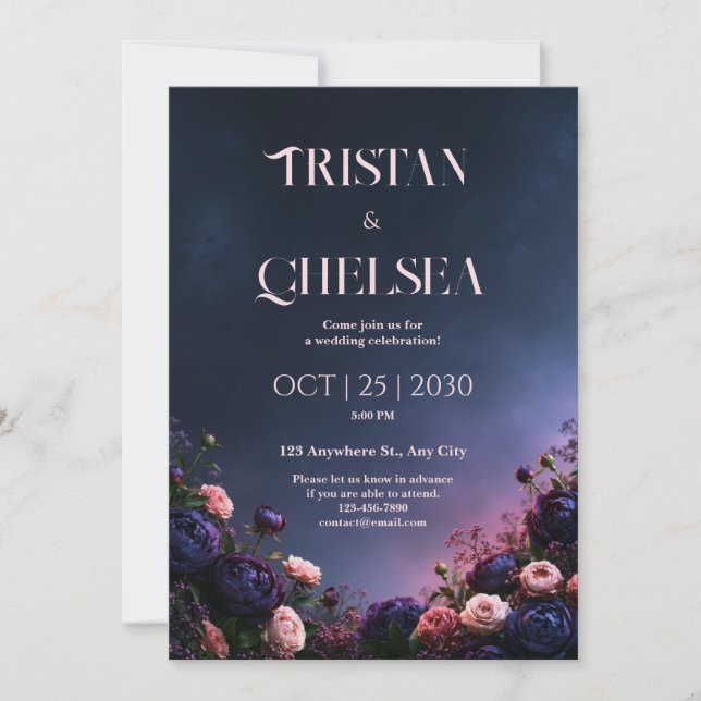 Midnight Indigo Peony Garden Wedding Invitation (Front)