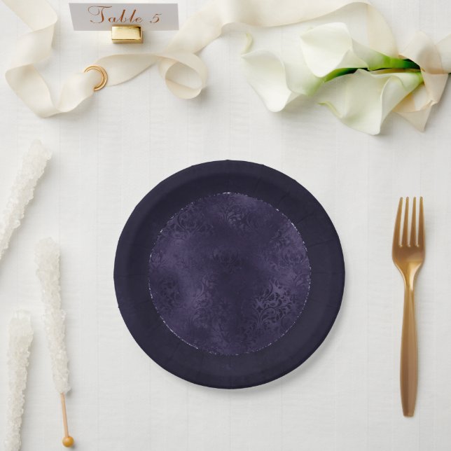 Midnight Indigo Romance | Satiny Grunge Damask Paper Plate (Wedding)