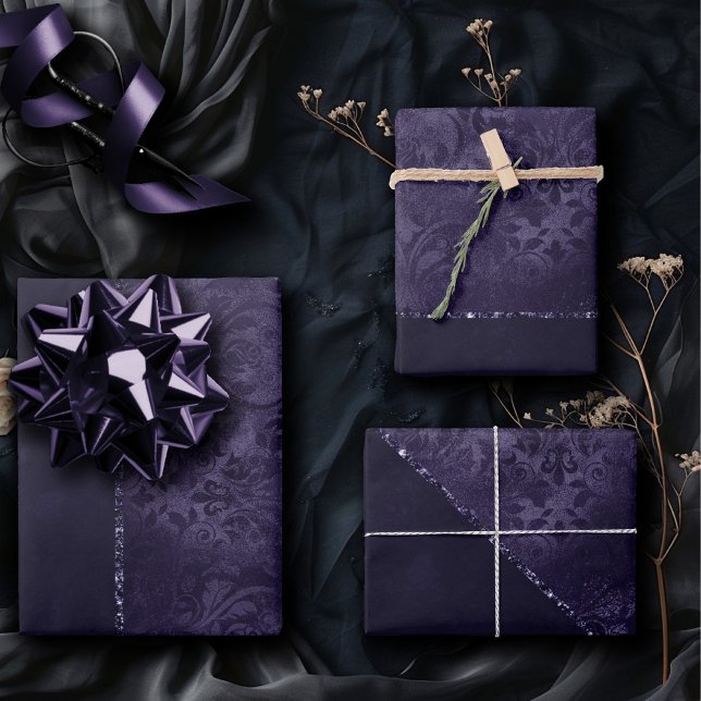 Midnight Indigo Romance | Satiny Grunge Damask Wrapping Paper Sheet (Creator Uploaded)