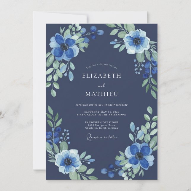 Midnight Indigo Wildflower Wedding Invitation (Front)