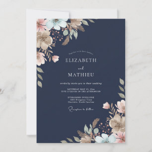 Midnight Ivory Cream Leafy Wedding Invitation