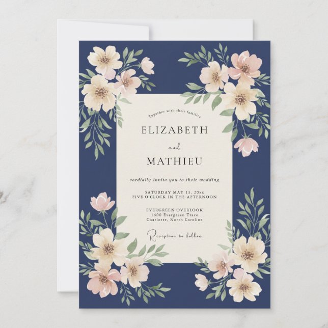 Midnight Ivory Petal Wedding Invitation (Front)
