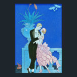 Midnight Kiss Art Deco Poster<br><div class="desc">Midnight Kiss Art Deco. Art Deco illustration from 1921. French artist Georges Barbier was famous for his beautiful and lively depiction of Parisian nightlife. Midnight Kiss depicts a couple standing on a balcony overlooking the river as a boat sails by in the distance. The man wears a black tuxedo and...</div>