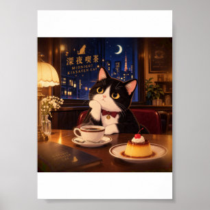 Midnight Kissaten Cat Poster Japanese Retro Café