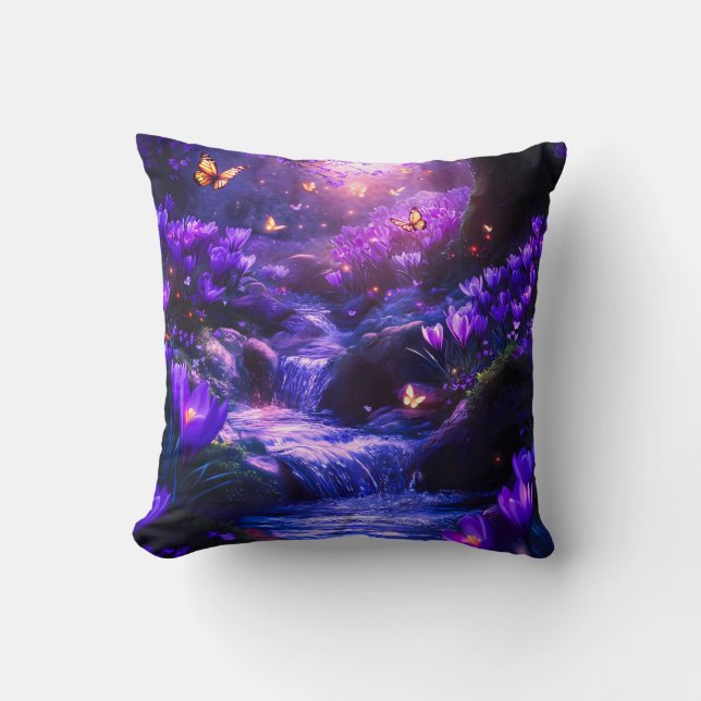 Midnight Lavender Cascade Blossoms Cushion (Front)