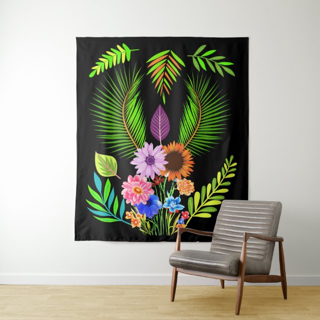 Midnight Leaves & Botanical Flowers on Black Tapestry (In Situ)
