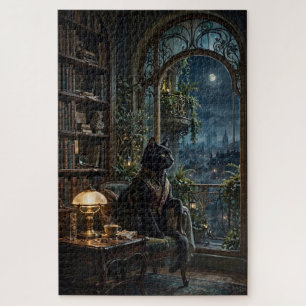Midnight Library Cat: Enchanted Night View Jigsaw Puzzle
