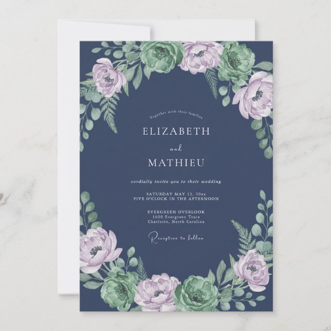 Midnight Lilac Wreath Wedding Invitation (Front)