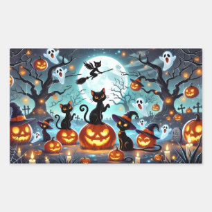 Midnight Magic: Black Cats & Pumpkins Halloween  Rectangular Sticker