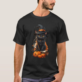 Midnight Magic Colourful Black Cat Pumpkin Hallowe T-Shirt
