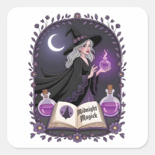 Midnight Magick Illustration of a Young Witch Square Sticker