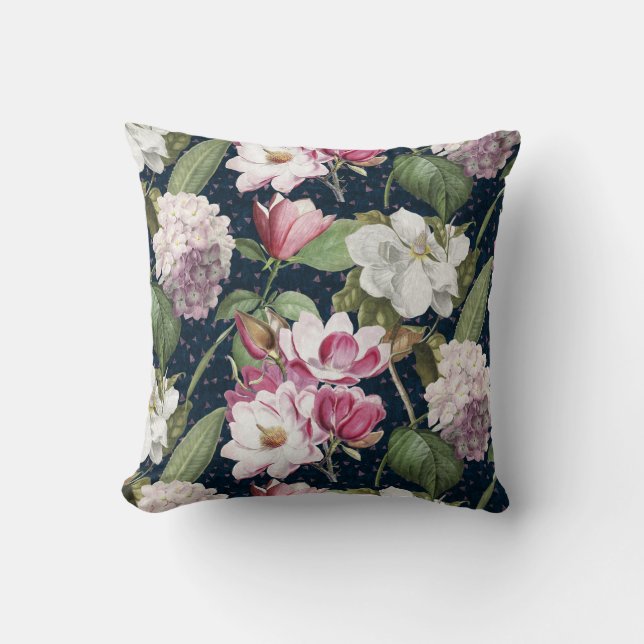 Midnight Magnolia Garden Vintage Botanical  Cushion (Front)