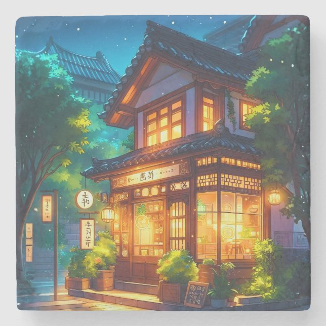 Midnight Matcha – Cozy Japanese Lofi Café Stone Coaster (Front)