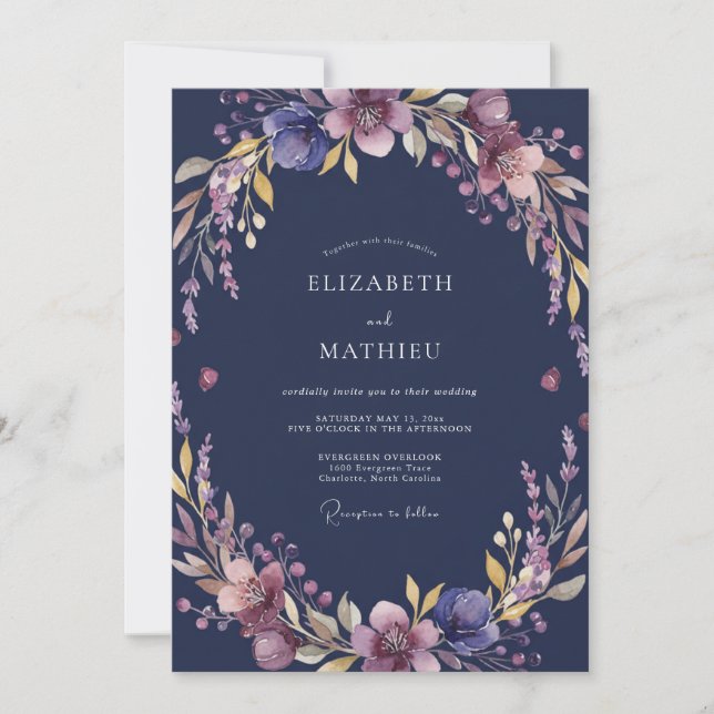 Midnight Mauve Wildflower Wedding Invitation (Front)