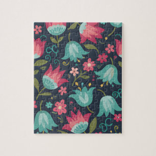 Midnight Meadow: Enchanting Folk-Art Tulip Pattern Jigsaw Puzzle