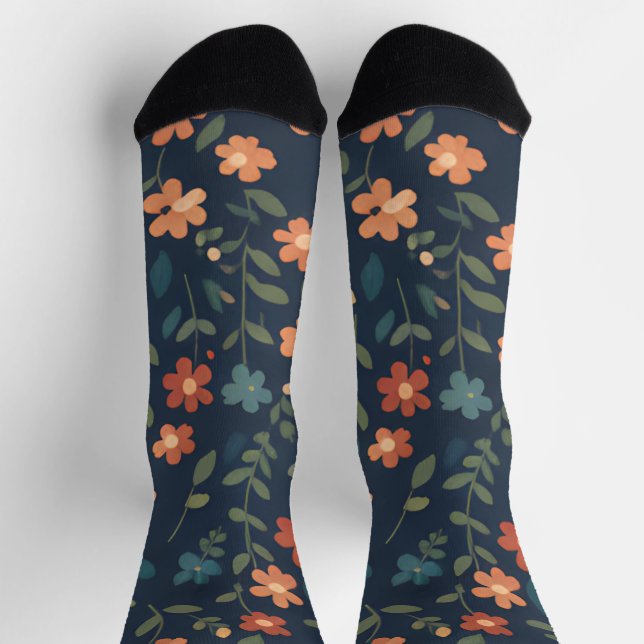Midnight Meadow Orange Daisy Pattern Socks (Top)