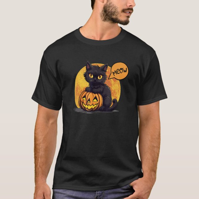 Midnight Meow Black Cat with Jack o lantern Fall F T-Shirt (Front)