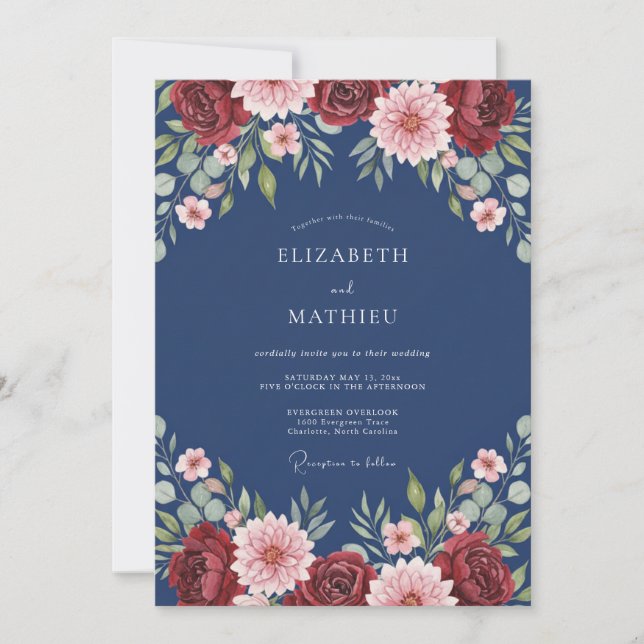 Midnight Merlot Dahlia Wedding Invitation (Front)